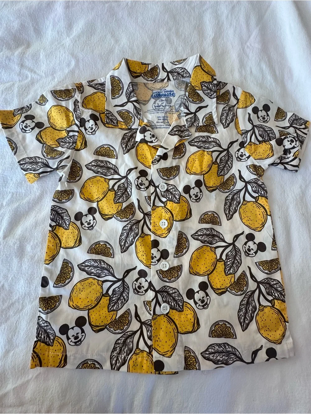 Disney White Button-Up Shirt with Yellow Lemon & Mickey Print